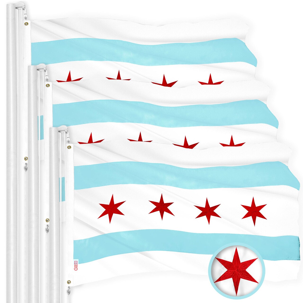 G128 Chicago Flag 4x6 Ft 3-Pack Embroidered 300D Embroidered Stars, Sewn Stripes, Brass Grommets, Indoor/Outdoor, Vibrant Colors, Quality Polyester